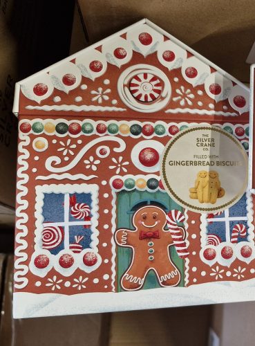 Silver Crane Gingerbread House Tin Karácsonyi gyömbéres keksz fémdobozban 300g